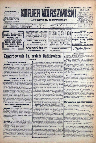 „Kurier Warszawski"  nr 92 z 4 kwietnia 1923 r. informujący o zamordowaniu ksiądza Konstantego Romualda Budkiewicza.